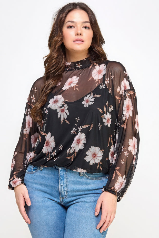 Mesh Floral Ls Top W/cami - Fashionmj