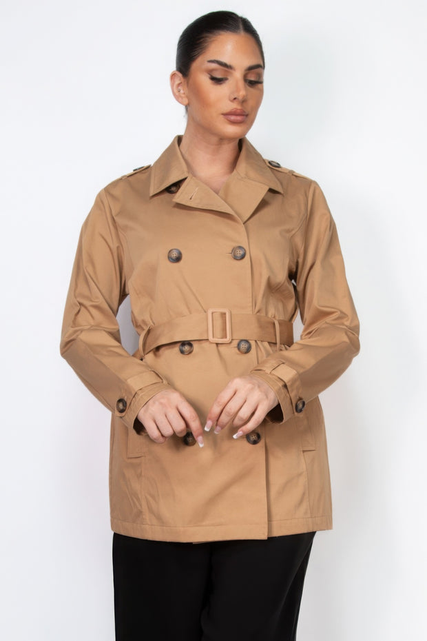 Double-breasted Notch Belted Coat - Fashionmj