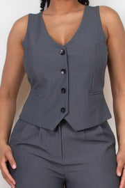 Buttoned Solid V-neck Vest Top - Fashionmj