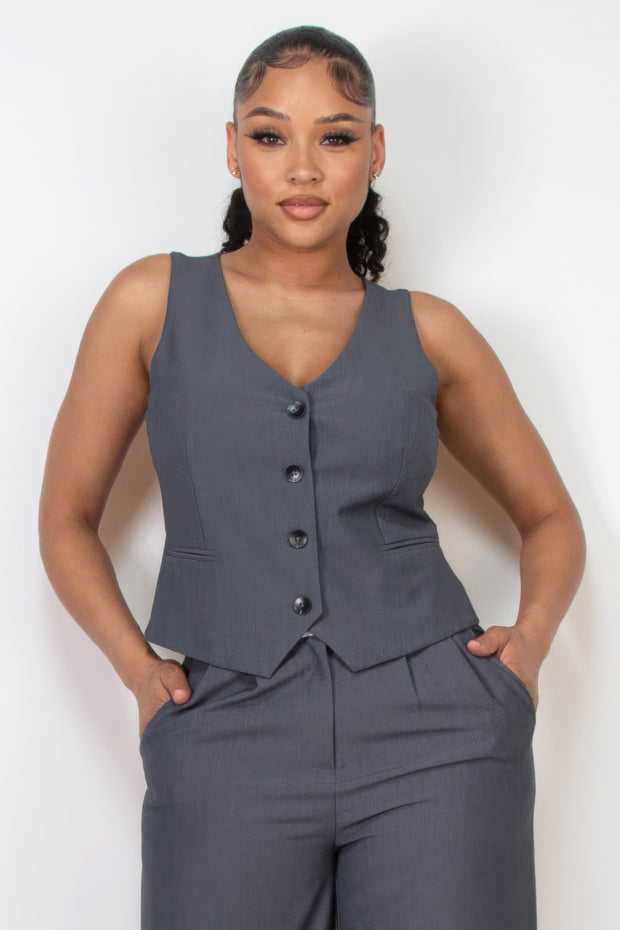 Buttoned Solid V-neck Vest Top - Fashionmj