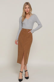 Front Open Slit Corduroy Midi Skirt