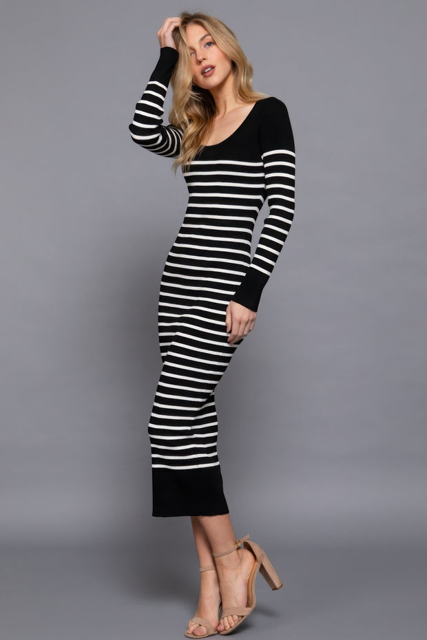 Long Slv Round Neck Stripe Sweater Long Dress - Fashionmj