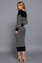 Long Slv Round Neck Stripe Sweater Long Dress - Fashionmj