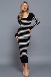 Long Slv Round Neck Stripe Sweater Long Dress - Fashionmj