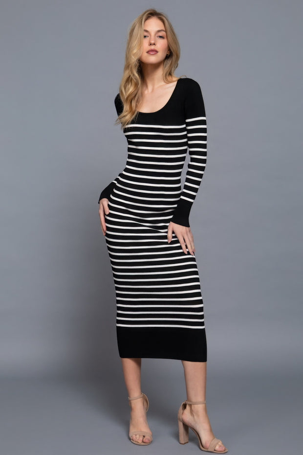 Long Slv Round Neck Stripe Sweater Long Dress - Fashionmj