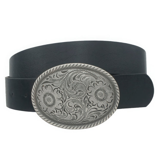 Flower Embossed Oval Buckle Vintage Strap Belt - Fashionmj