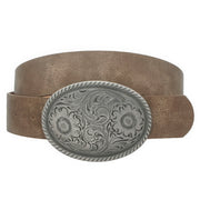 Flower Embossed Oval Buckle Vintage Strap Belt - Fashionmj