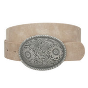 Flower Embossed Oval Buckle Vintage Strap Belt - Fashionmj