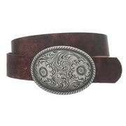 Flower Embossed Oval Buckle Vintage Strap Belt - Fashionmj