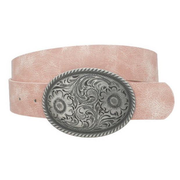 Flower Embossed Oval Buckle Vintage Strap Belt - Fashionmj