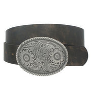 Flower Embossed Oval Buckle Vintage Strap Belt - Fashionmj