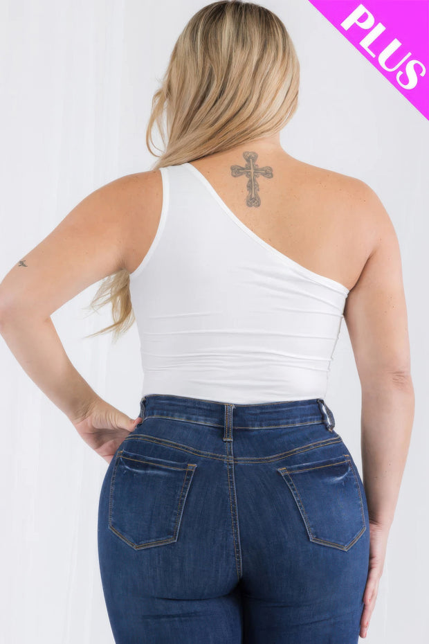 Back view of Plus size one shoulder solid casual bodysuits or Women by Fashion M&J