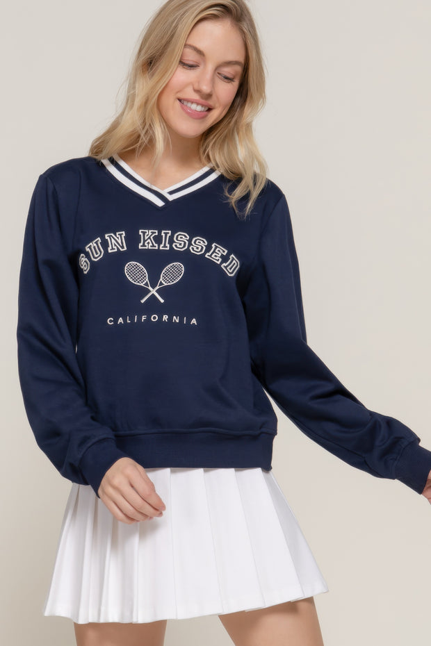 Long slv v-neck embroidered sweatshirt CCWHOLESALECLOTHING