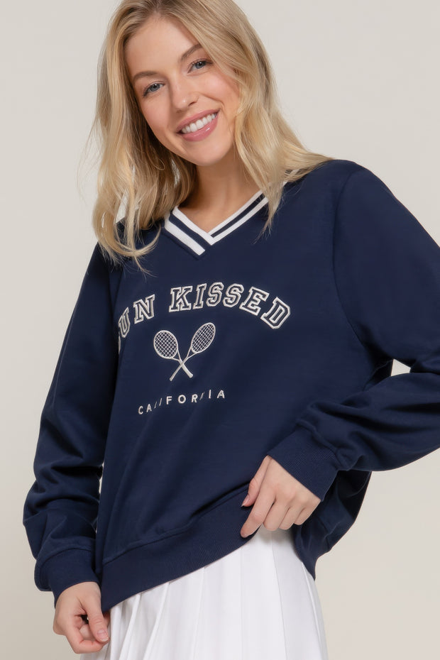 Long slv v-neck embroidered sweatshirt CCWHOLESALECLOTHING