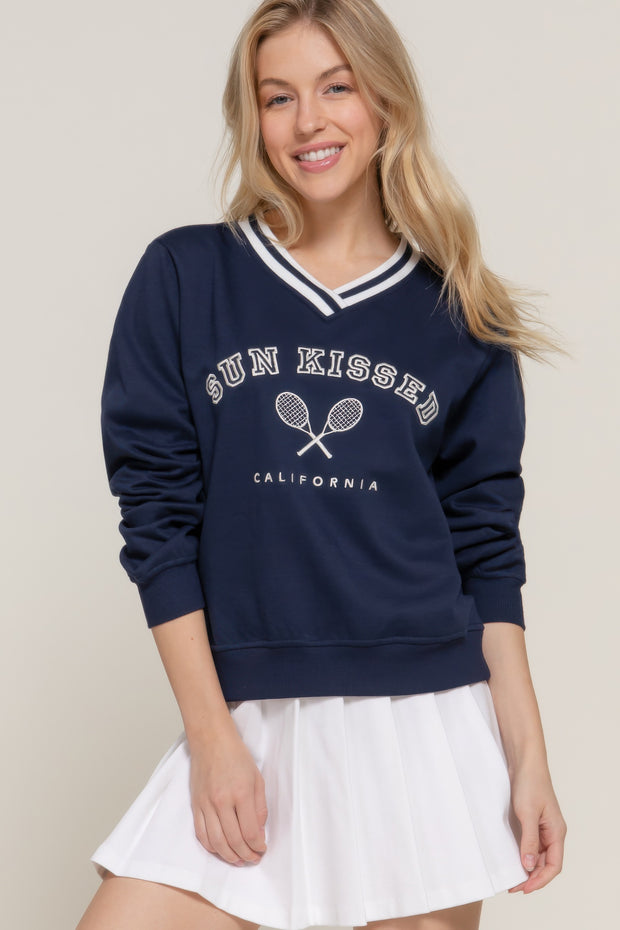 Long slv v-neck embroidered sweatshirt CCWHOLESALECLOTHING