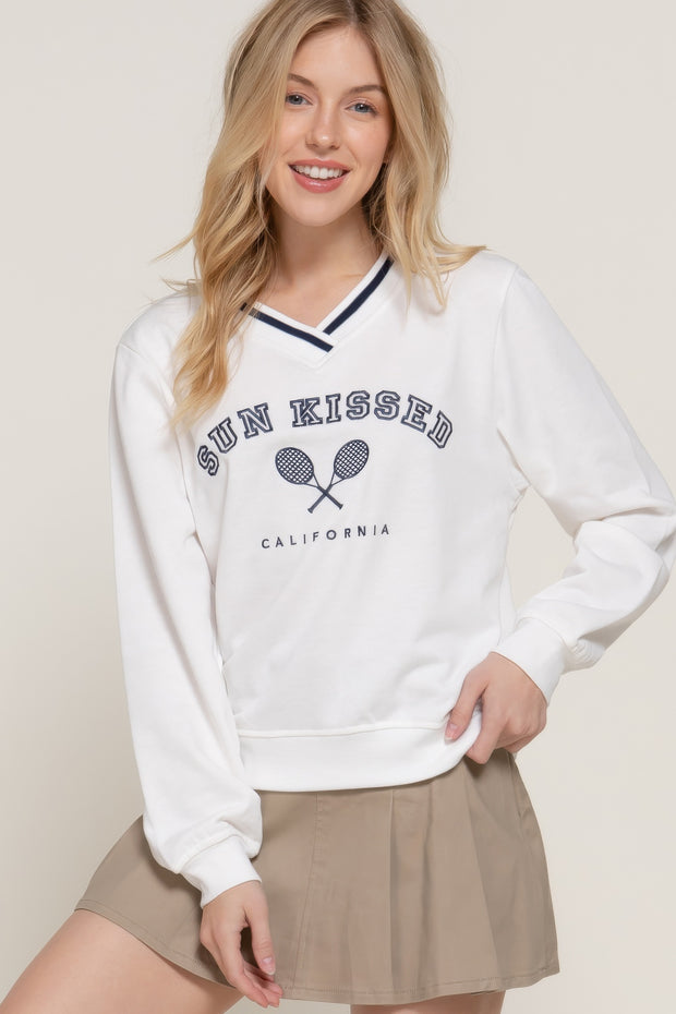 Long slv v-neck embroidered sweatshirt CCWHOLESALECLOTHING