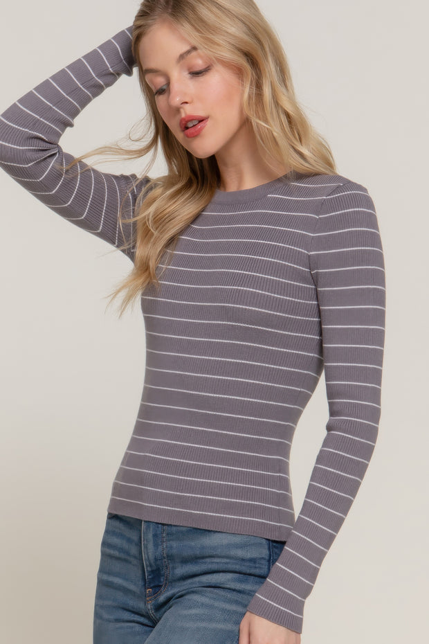 Long slv crew neck stripe sweater CCWHOLESALECLOTHING