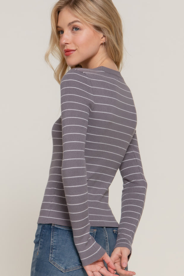 Long slv crew neck stripe sweater CCWHOLESALECLOTHING