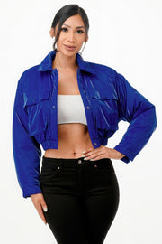 Cropped Shiny Puffer Jacket with Snap Button Closure