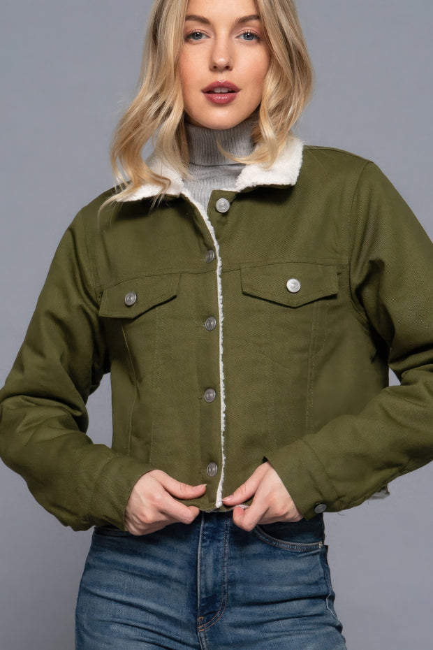 Olive Button Closure Sherpa-Lined Twill Jacket