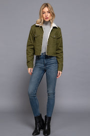 Olive Button Closure Sherpa-Lined Twill Jacket on Model