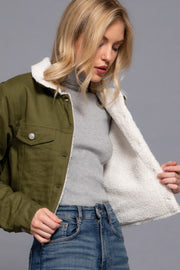 Olive Sherpa-Lined Twill Jacket Featuring Cozy Lining