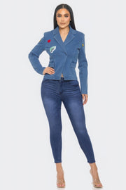 Trendy Winter Denim Blazer with Emoticon Patches