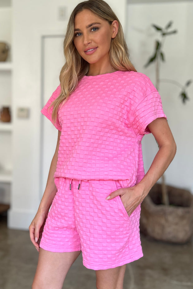 Double Take Full Size Texture T-Shirt and Shorts Set - Fashionmj