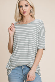 BOMBOM Striped Round Neck T-Shirt - Fashionmj