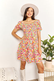 Devine Smocked Sweetheart Neck Flounce Sleeve Mini Dress - Fashionmj