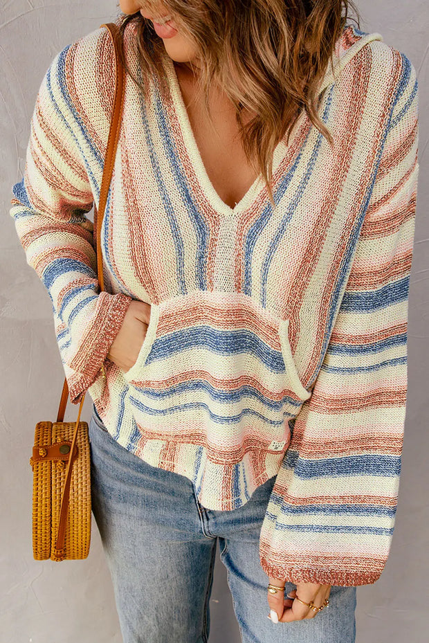 Striped Hooded Sweater with Kangaroo Pocket - Fashionmj