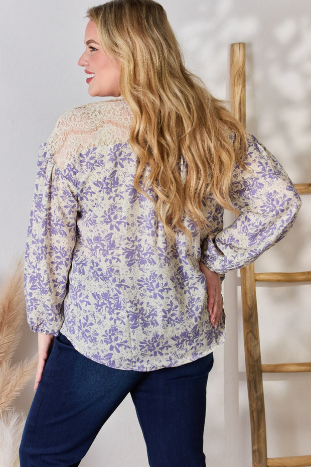 Hailey & Co Full Size Lace Detail Printed Blouse - Fashionmj