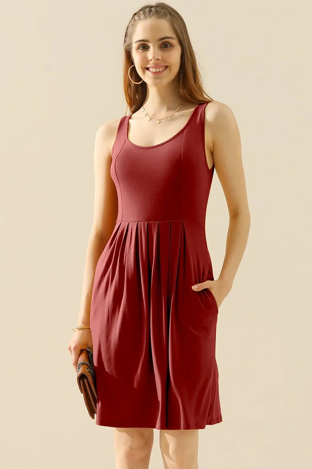 Doublju Full Size Round Neck Ruched Sleeveless Dress with Pockets Trendsi