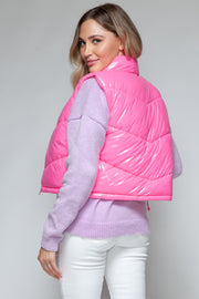 Snobbish Zip Up Turtleneck Shiny Quilted Vest - Fashionmj