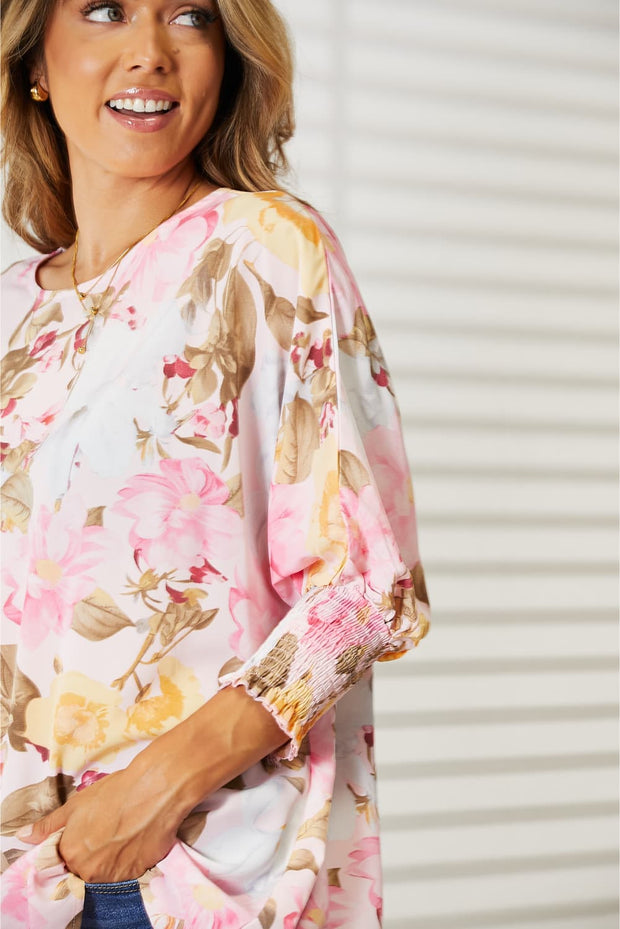 Double Take Floral Round Neck Three-Quarter Sleeve Top - Fashionmj