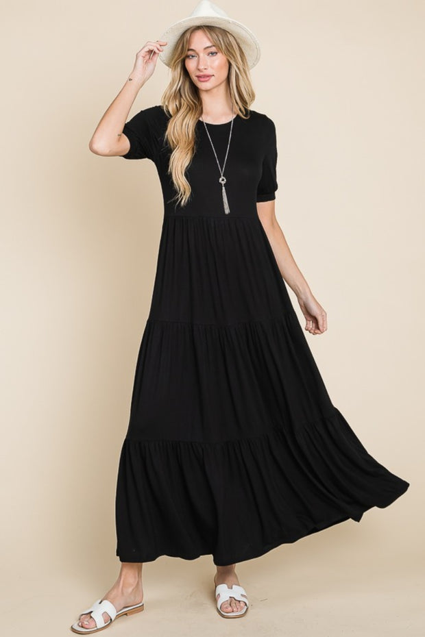 BOMBOM Short Sleeve Tiered Maxi Dress - Fashionmj