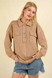 VERY J Collared Half Button Knit Top with Pockets - Fashionmj