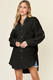 Double Take Full Size Pocketed Texture Button Up Shirt - Fashionmj