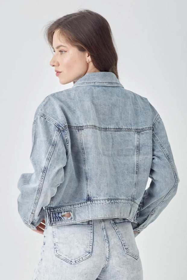 RISEN Full Size Button Down Cropped Denim Jacket - Fashionmj