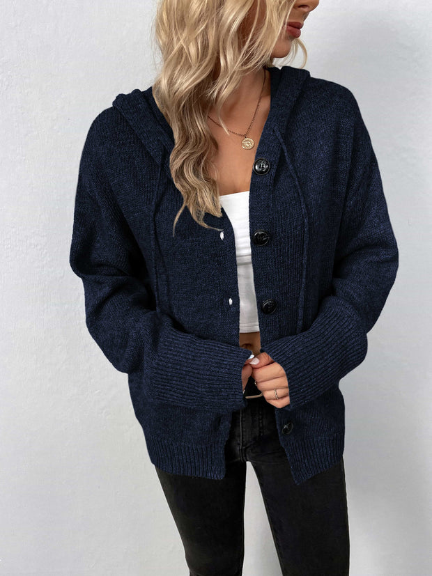 Button-Down Long Sleeve Hooded Sweater - Fashionmj