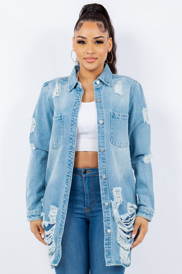 American Bazi Distressed Button Up Long Sleeve Denim Jacket - Fashionmj