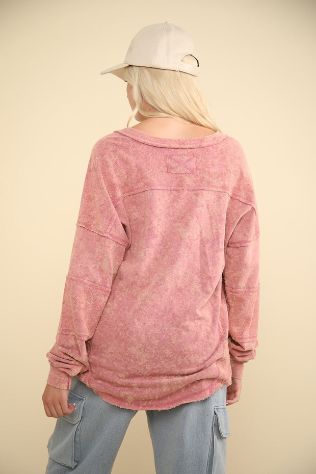 VERY J Washed V-Neck Exposed Seam Knit Top - Fashionmj