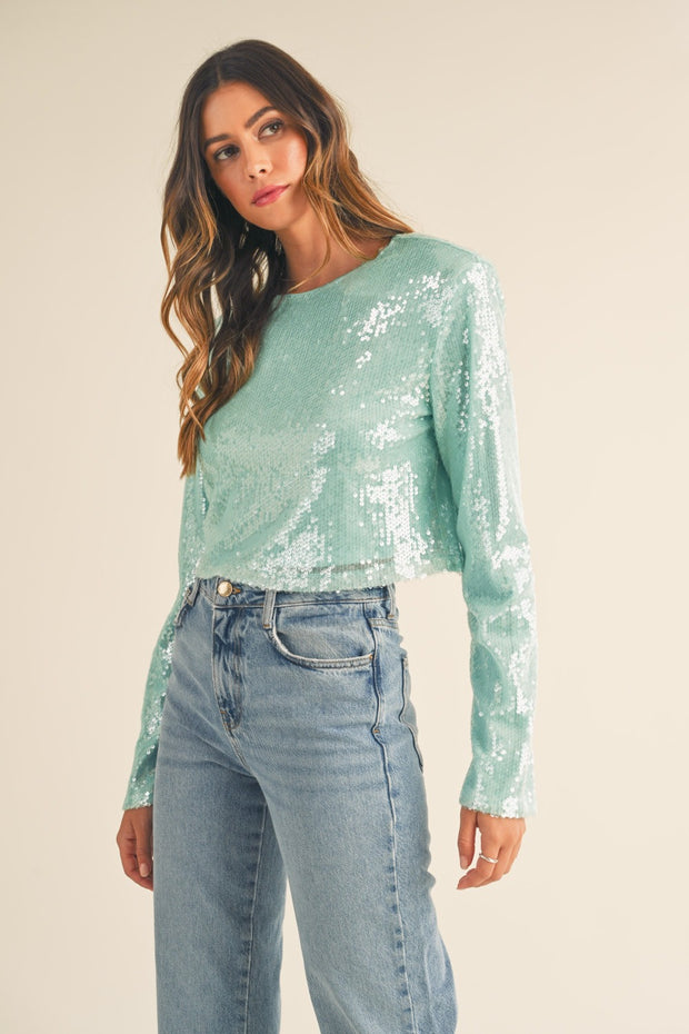 MABLE Shoulder Padded Sequin Crop Top - Fashionmj