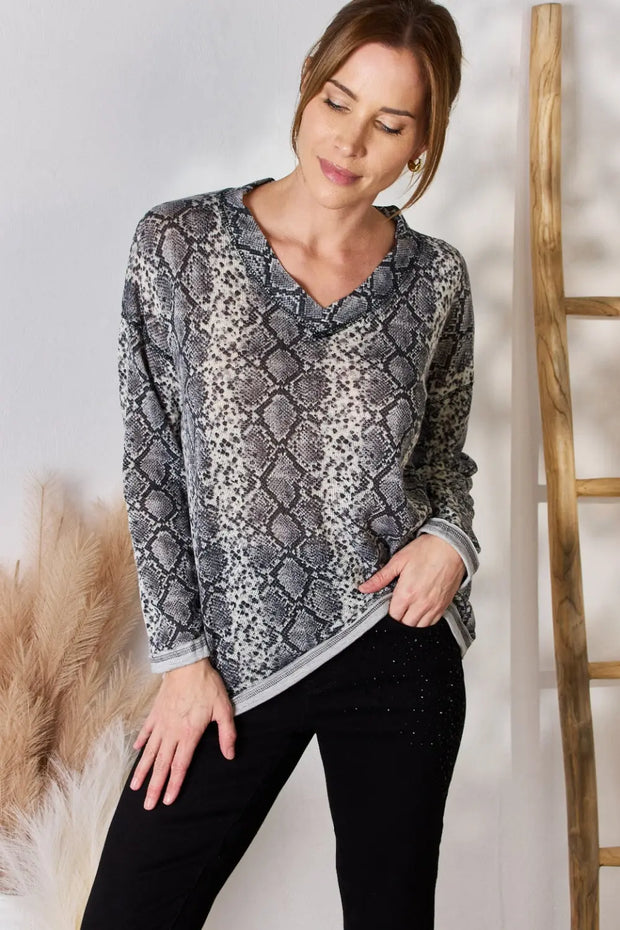 Hailey & Co Full Size Snakeskin V-Neck Long Sleeve Top - Fashionmj