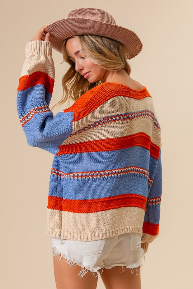 BiBi Multi Color Stripe Scoop Neck Sweater - Fashionmj