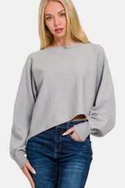 Zenana Asymmetric Hem Long Sleeve Sweater - Fashionmj