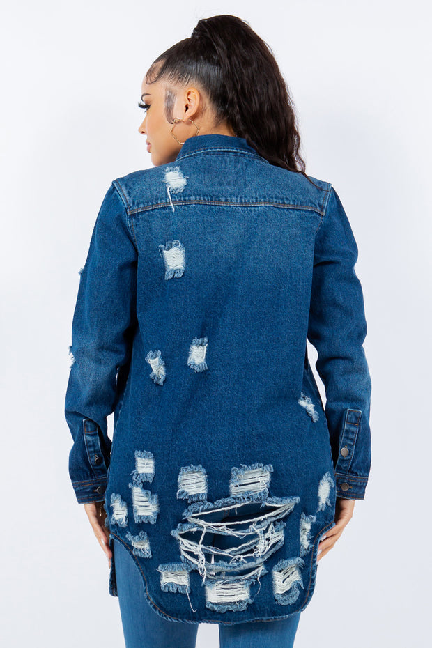 American Bazi Distressed Button Up Long Sleeve Denim Jacket - Fashionmj