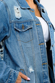 American Bazi Full Size Button Up Distressed Denim Jacket - Fashionmj