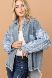 And The Why Full Size Paisley Print Quilted Sleeves Denim Jacket - Fashionmj