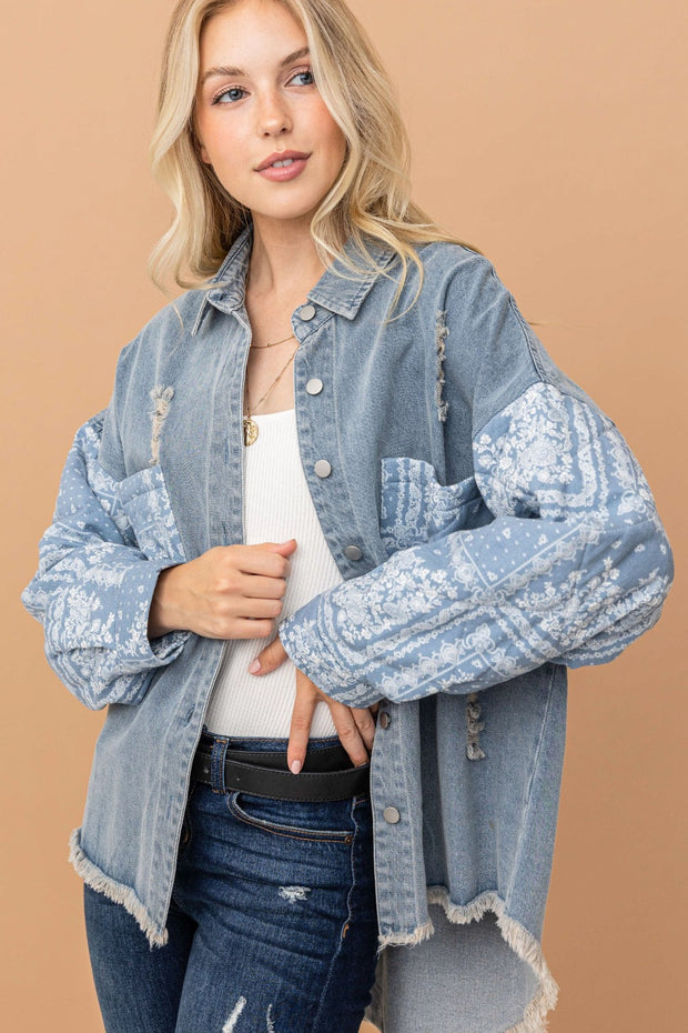 And The Why Full Size Paisley Print Quilted Sleeves Denim Jacket - Fashionmj